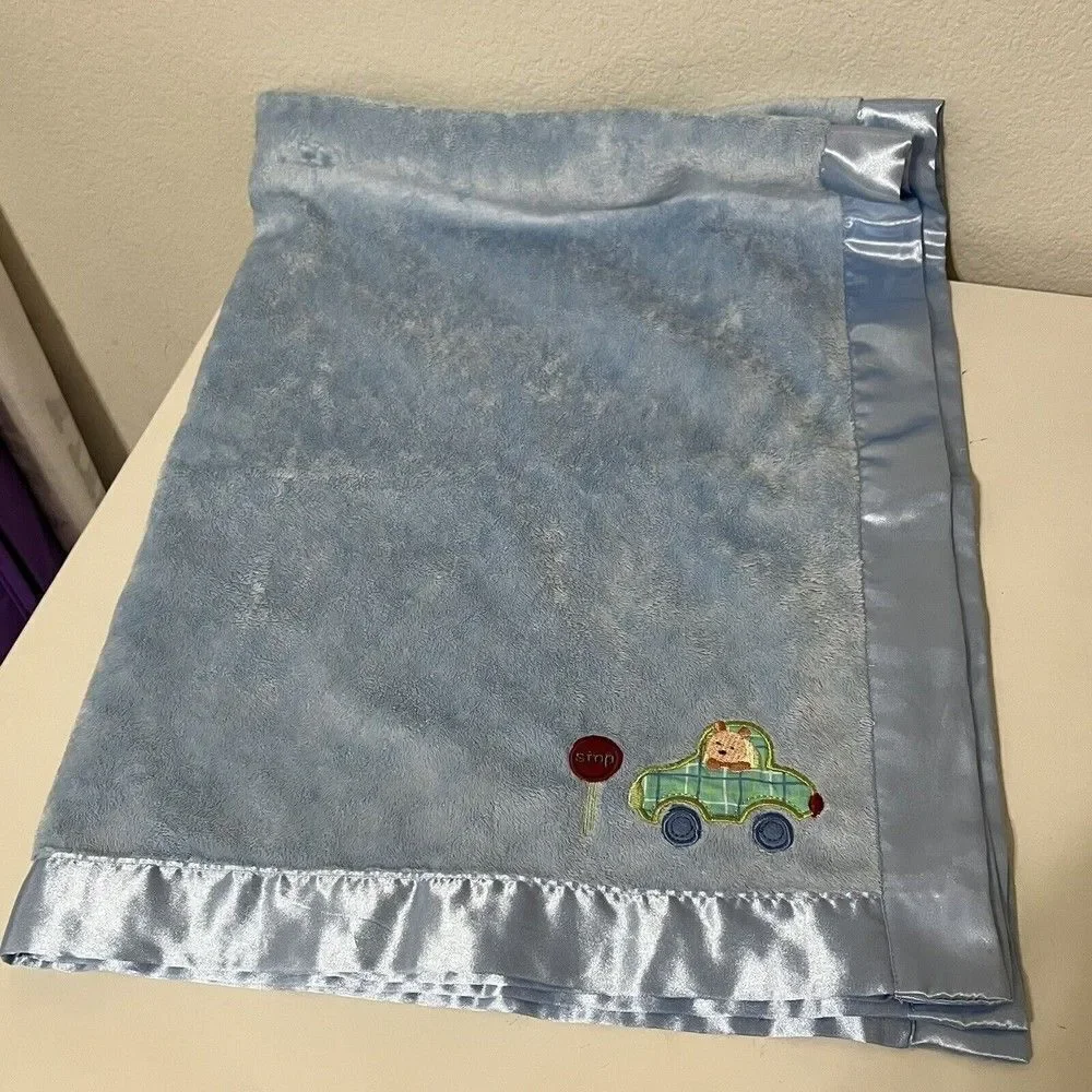 Carter's Blue Baby Blanket Embroidered Car Stop Sign Satin Trim Back Lovey